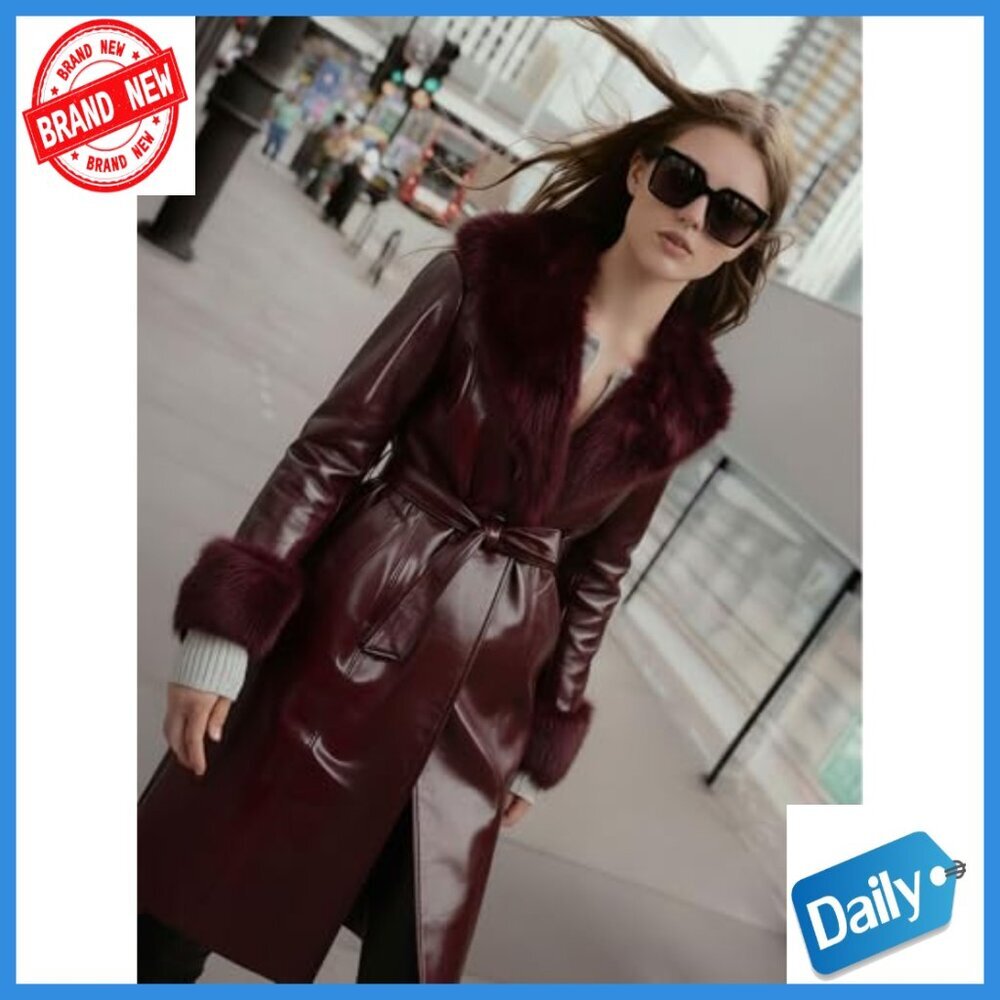 Leather Coat with Faux Fur Trim, Belted Long Overcoat, Slim Fit - Picture 4 of 7